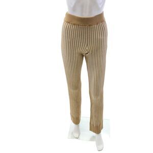 Toccin Womens Ribbed Knit Elastic Waist High-Rise Flared Pants Beige Size S